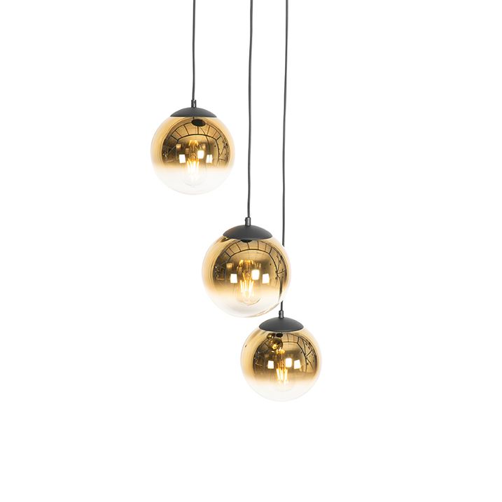 Art Deco Pendelleuchte schwarz mit goldfarbenem Glas rund 3-flammig - Pallon
