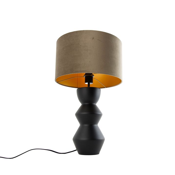 Design Table Lamp Black Velvet Shade Taupe with Gold 35 cm - Alisia