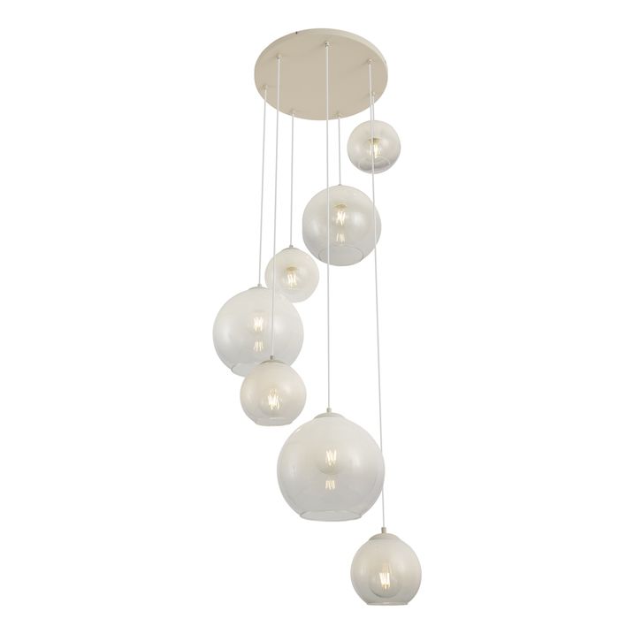 Art Deco piekaramā lampa bēša ar baltu stiklu 7 gaismas - Sandra