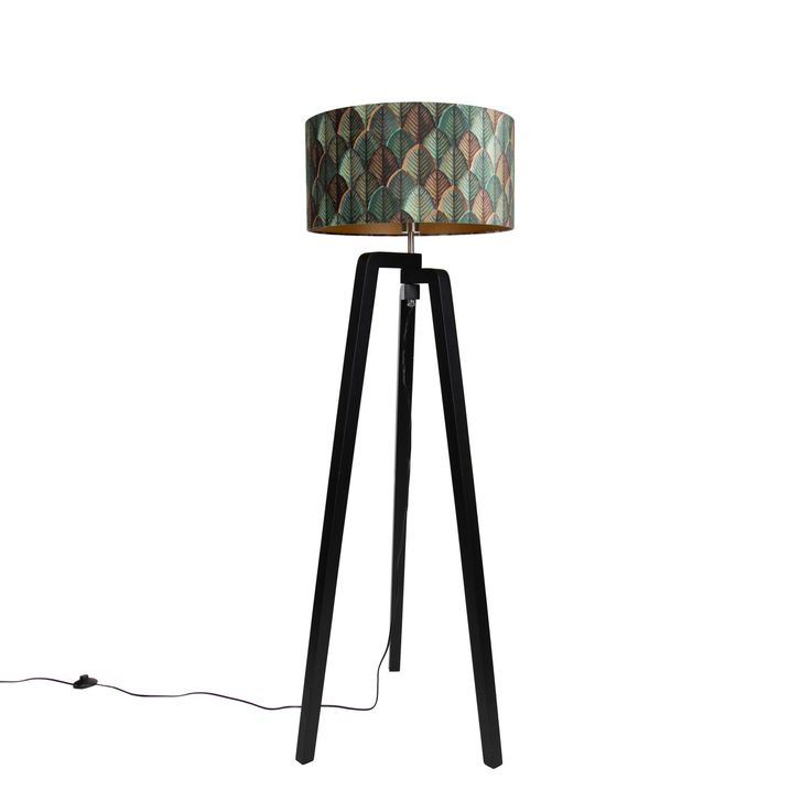 Podna lampa crni tronožac sa sjenilom sa dizajnom lišća i zlatnom unutrašnjosti 50cm - Puros