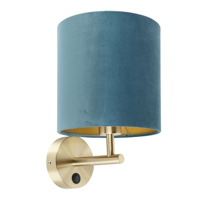Елегантна стенна лампа златиста с син кадифен абажур - Matt