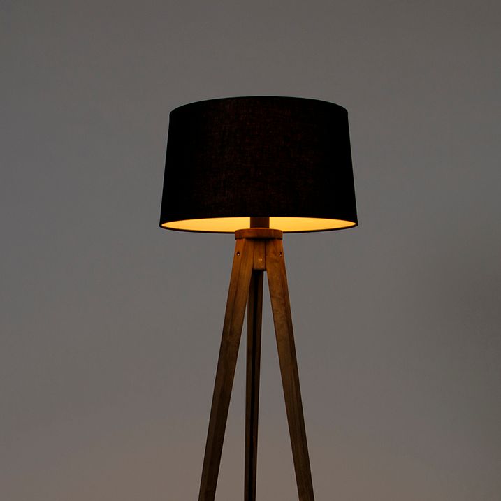 Rustikálny trojnohý vintage drevený s tienidlom z ľanu čierny 45 cm - Tripod Classic