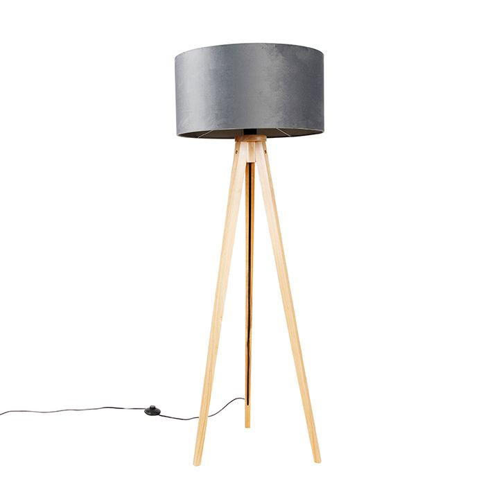 Stojací lampa dřevěná s šedým látkovým stínidlem 50 cm - Tripod Classic