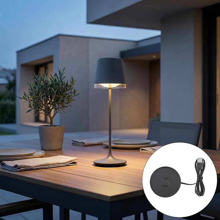 Lampe de table gris foncé avec LED IP65 rechargeable avec station de charge - Bass