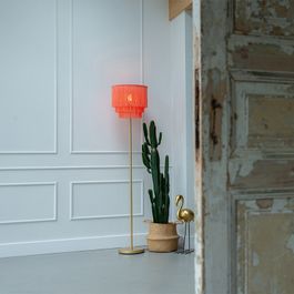 Oriental gulvlampe gull rosa skjerm med frynser - Franxa