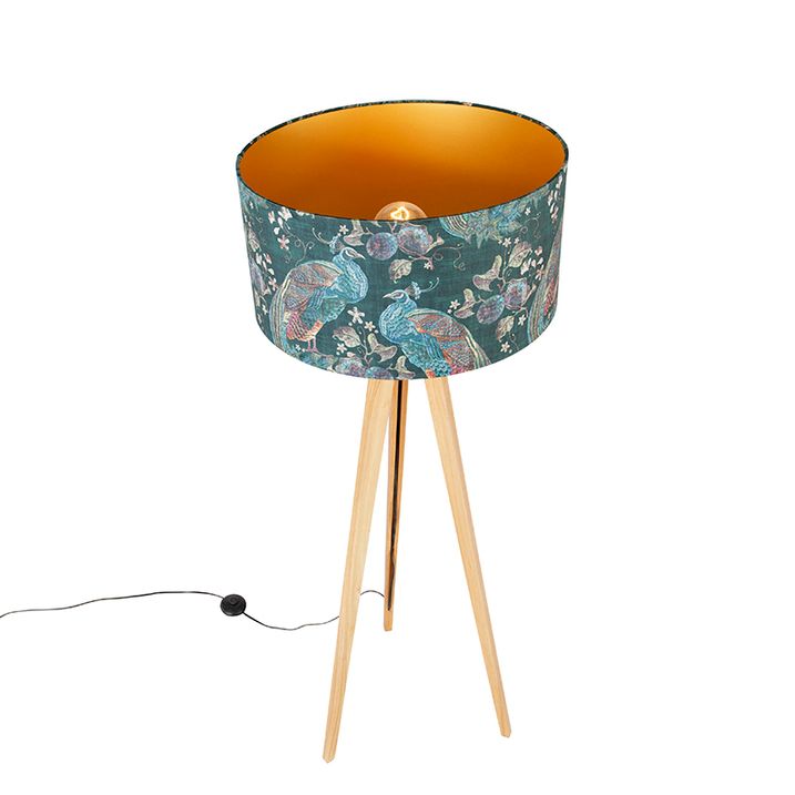Moderní stojací lampa dřevěná s látkovým stínítkem černý páv 50 cm - Tripod Classic