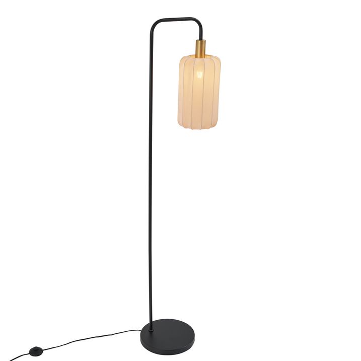 Lampadaire Japandi noir avec abat-jour doré et beige - Pluni