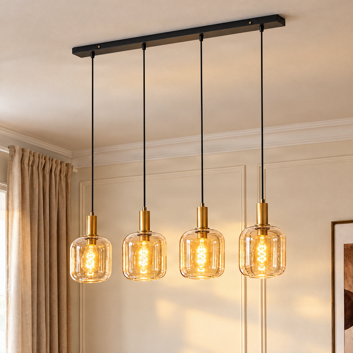 Candeeiro de suspensão design preto com latão e vidro âmbar 4-luzes - Zuzanna