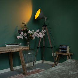 Industrial Floor Lamp on Wooden Tripod with Grey Lampshade - Laos