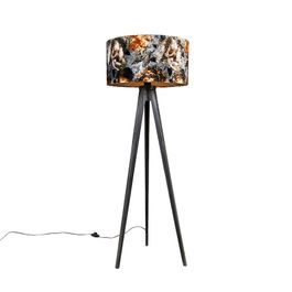Stojací lampa trojnožka černá s květovaným stínítkem 50 cm - Tripod Classic