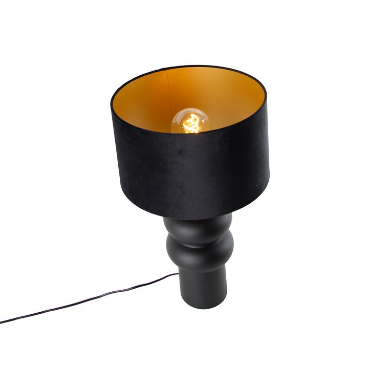 Design Table Lamp Black Velvet Shade Black with Gold 35 cm - Alisia