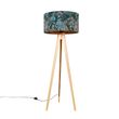 Moderní-stojací-lampa-dřevěná-s látkovým-stínítkem-černý-páv-50-cm---Tripod-Classic
