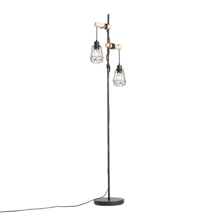 Landelijke vloerlamp zwart met hout 2-lichts met kap - Dami Frame