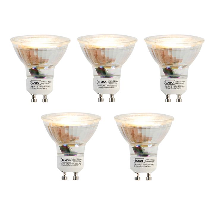 Sada 5 stmívatelných LED žárovek GU10 s 3stupňovým stmíváním v Kelvinech 3W 180lm 2000K-2700K