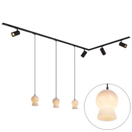 Sistema-de-calhas-moderno-preto-com-4-focos-e-3-candeeiros-pendentes-brancos-monofásico---Iconic-Bell-Jeana-Luxe