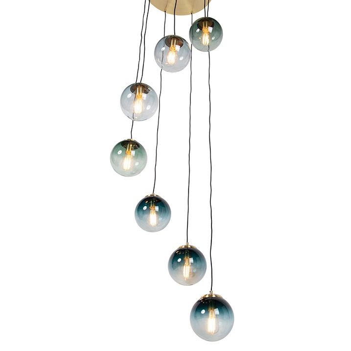Lampă suspendată Art Deco din alamă cu sticlă albastră 7 lumini - Pallon