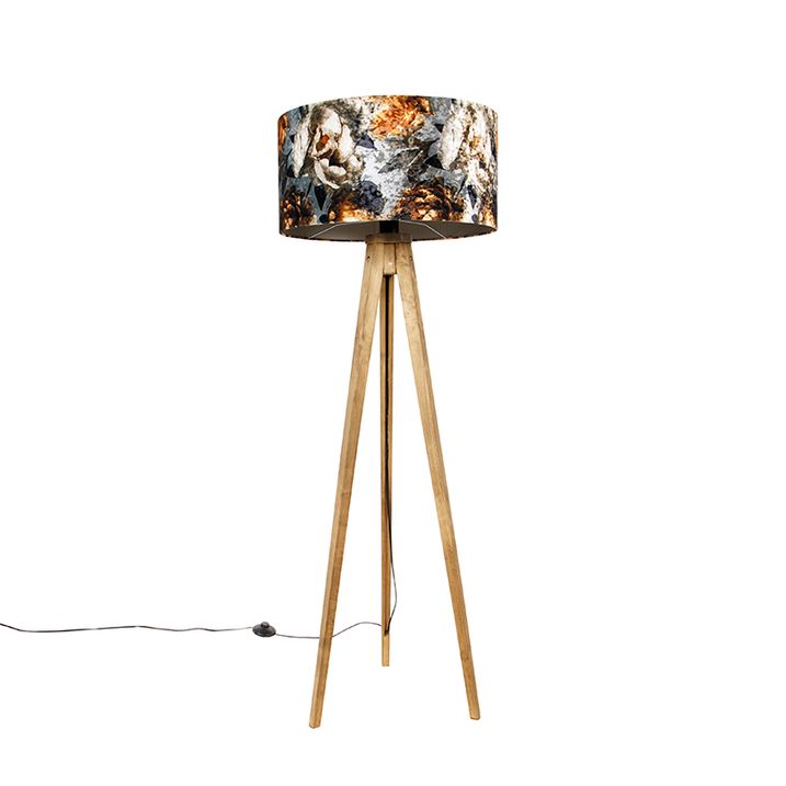 Vintage stojací lampa dřevěný stínidlo s květinovým designem 50 cm - Tripod Classic
