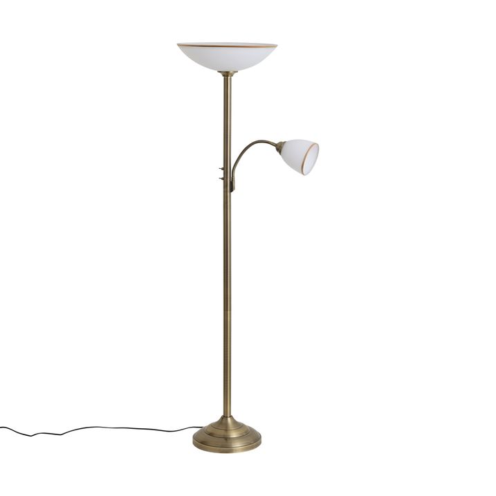 Klasyczna lampa podłogowa brązowa ze szkłem opalowym 2-źródła światła - Katarina