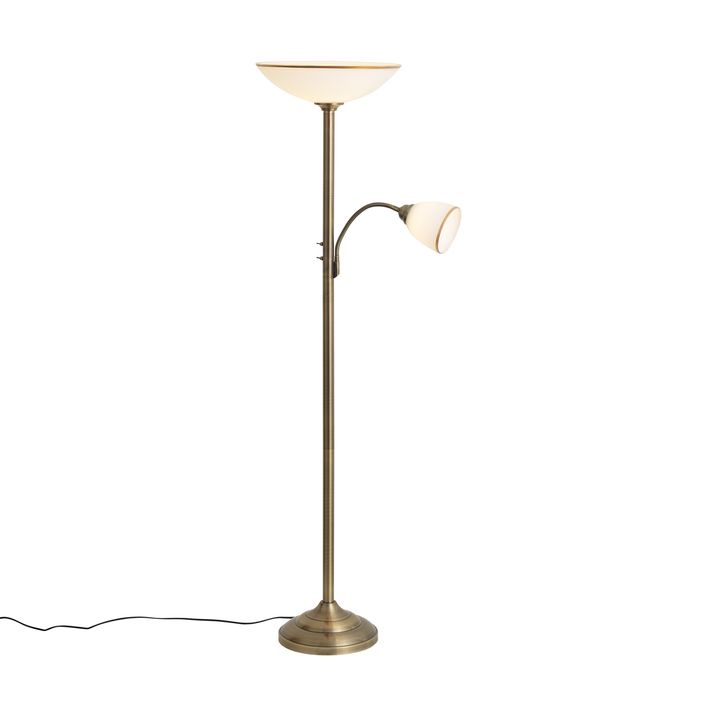 Klasyczna lampa podłogowa brązowa ze szkłem opalowym 2-źródła światła - Katarina