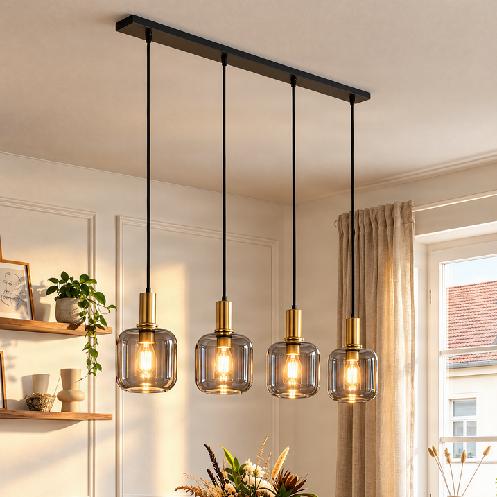 Lámpara colgante de diseño negra con cristal dorado y ahumado 4 luces - Zuzanna