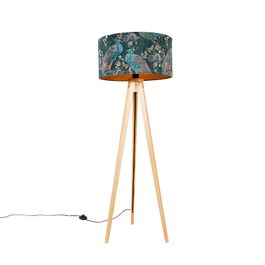 Moderní stojací lampa dřevěná s látkovým stínítkem černý páv 50 cm - Tripod Classic