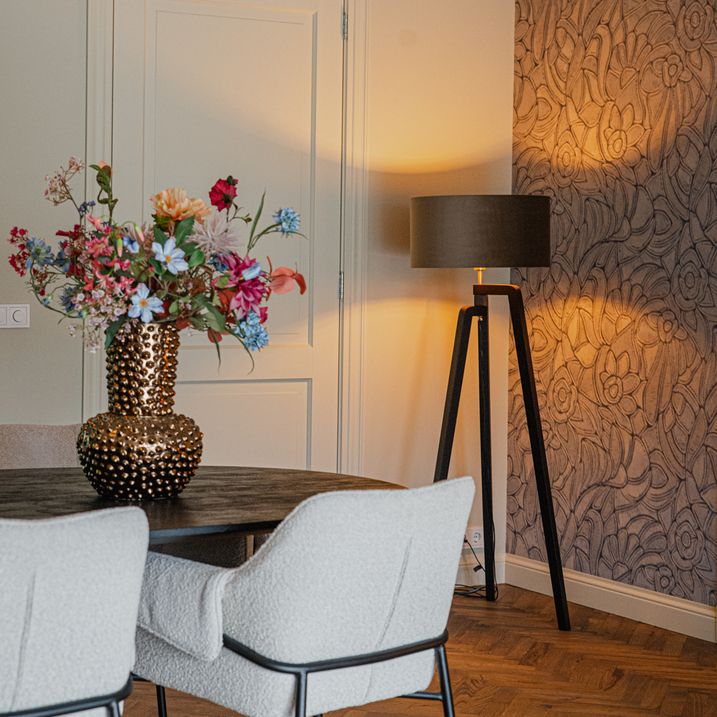Vloerlamp tripod zwart met taupe kap en goud 50 cm - Puros