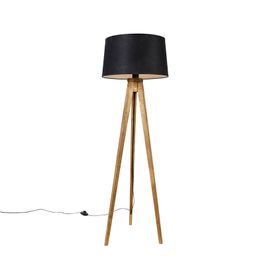 Rustikálny trojnohý vintage drevený s tienidlom z ľanu čierny 45 cm - Tripod Classic