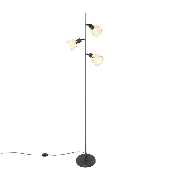 Oosterse vloerlamp zwart met bamboe 3-lichts - Rayan