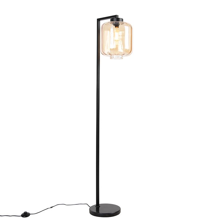 Design Floor Lamp Black with Amber Glass - Qara Down