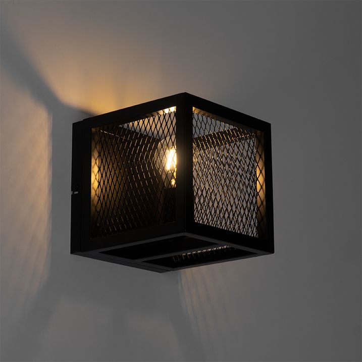 Priemyselná nástenná lampa čierna s mriežkou - Cage