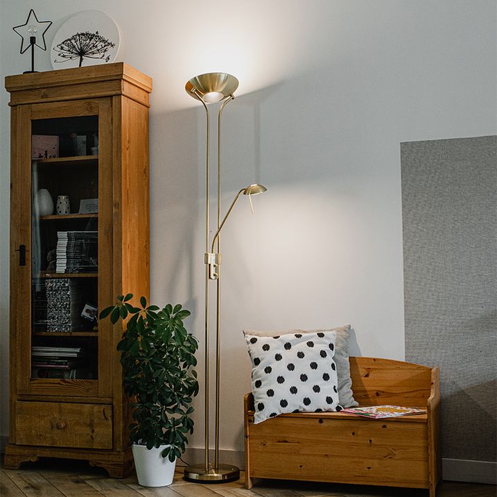 Floor Lamp Gold with Reading Lamp Incl. LED and Dimmer - Diva 2