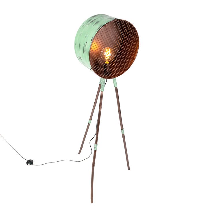 Vintage Floor Lamp on Bamboo Tripod Green with Copper - Barrel