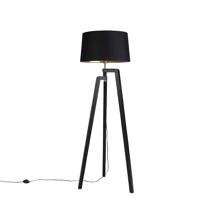 Trojnohá stojaca lampa s tienidlom z bavlny čierna so zlatom 50 cm - Puros