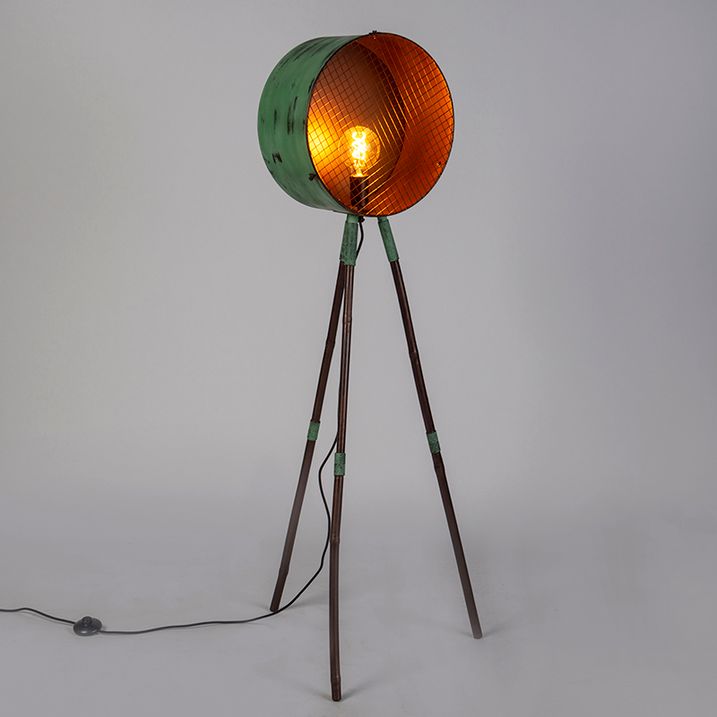 Vintage Floor Lamp on Bamboo Tripod Green with Copper - Barrel