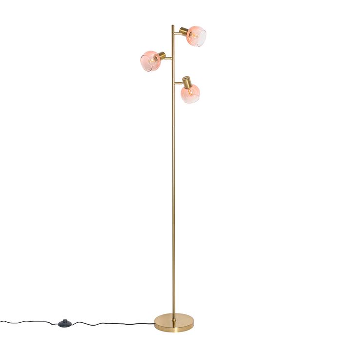 Art Deco podna lampa zlatna sa roze staklom 3-svetla - Vidro