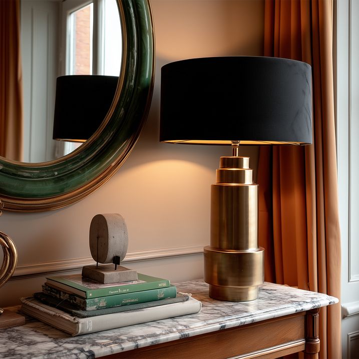 Stolní lampa v art deco stylu bronzová s kašírovaným stínítkem černým se zlatem 50 cm - Bruut