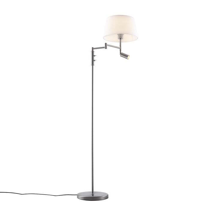 Stojací lampa ocelová s bílým stínítkem a nastavitelným světlem na čtení - Ladas