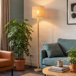 Landelijke vloerlamp hout met linnen kap naturel 32 cm - Mels