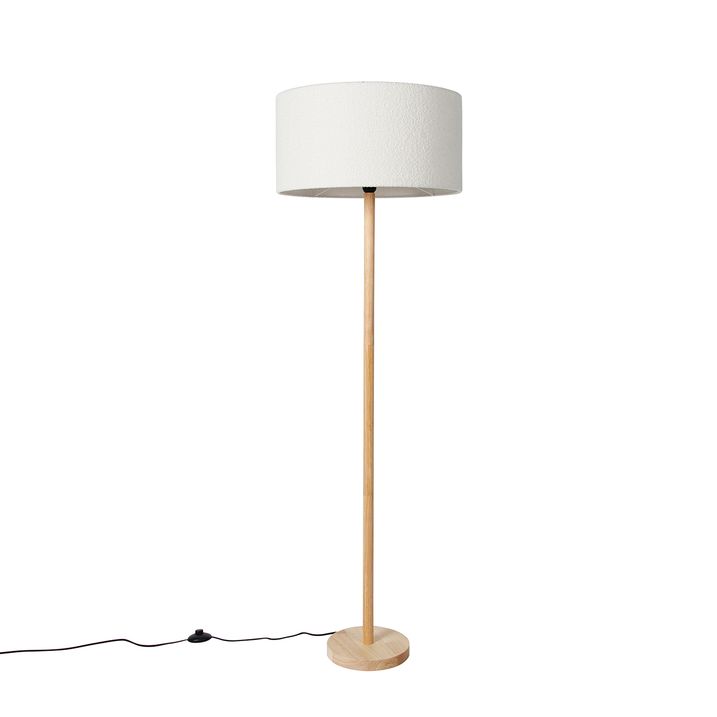 Rustikálna stojaca lampa drevo s bouclé tienidlom bielym - Mels