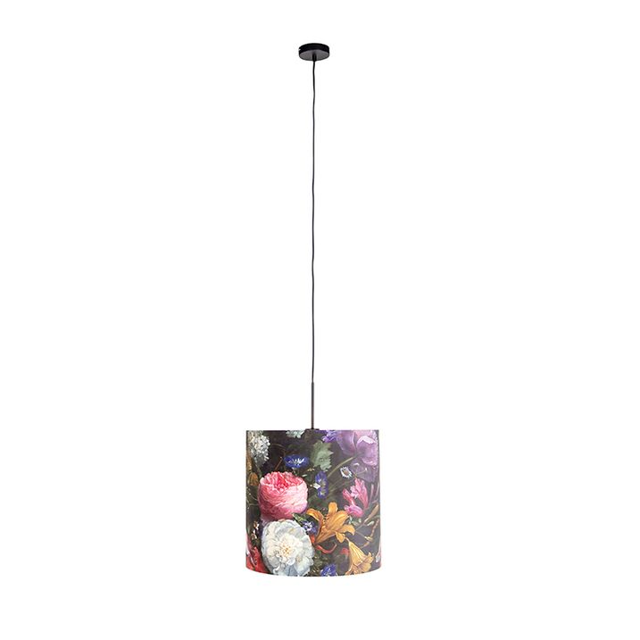 Závěsné svítidlo s sametovým stínítkem s květinami a zlatem 40 cm - Combi