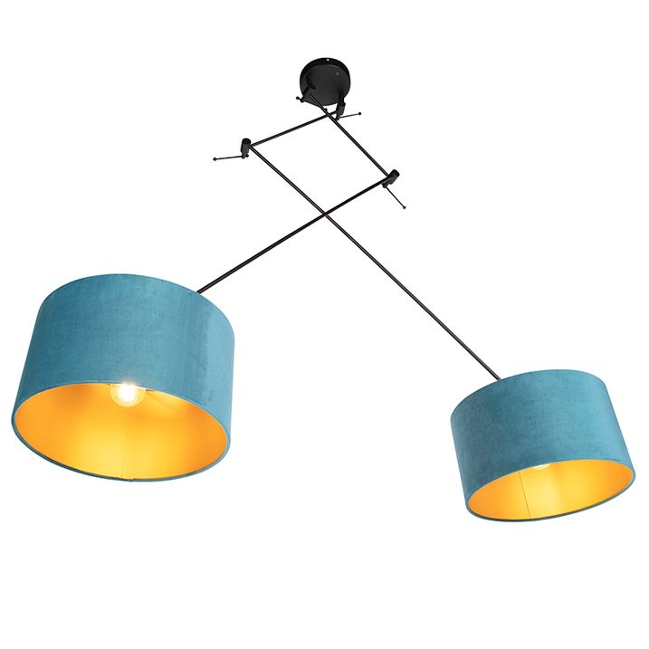 Lampa wisząca czarna z niebieskimi i złotymi abażurami z weluru 35 cm 2-światłowa - Blitz