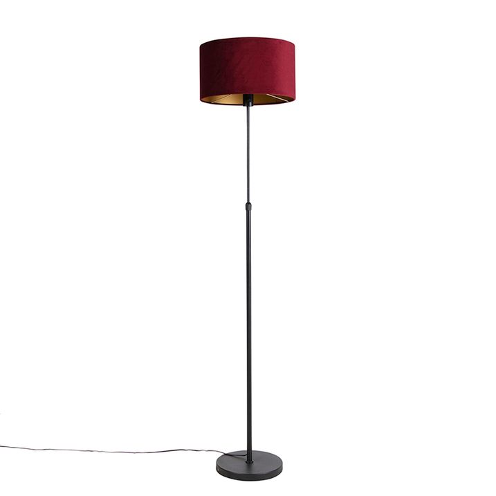 Gulvlampe sort med rød fløyelslampeskjerm med gull 35 cm - Parte