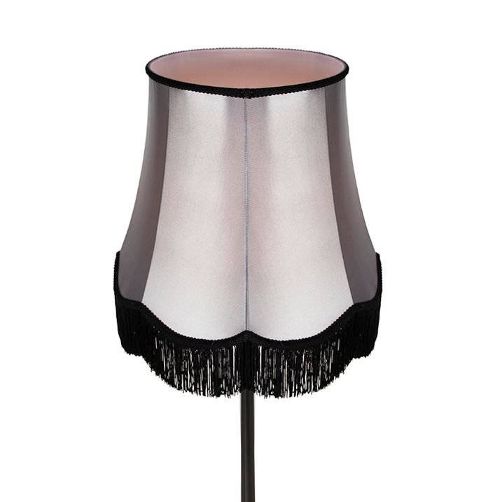 Retro stāvlampa melna ar vecmāmiņas abažūru melnā un pelēkā krāsā 45 cm - Simplo