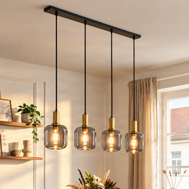 Design hanglamp zwart met goud en smoke glas 4-lichts - Zuzanna