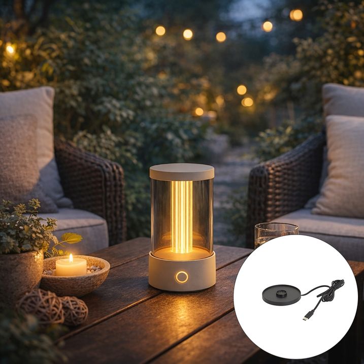 Tischleuchte für Aussenbereich beige wiederaufladbar inkl. Ladestation IP65 - Grill