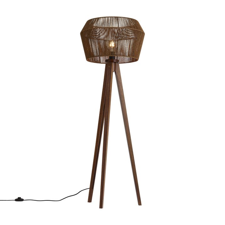Vloerlamp walnoot hout met bruine papieren touw kap 50/50/30 - Tripod Classic
