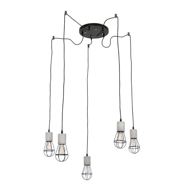 Industriele hanglamp 5-lichts beton met zwart - Edison