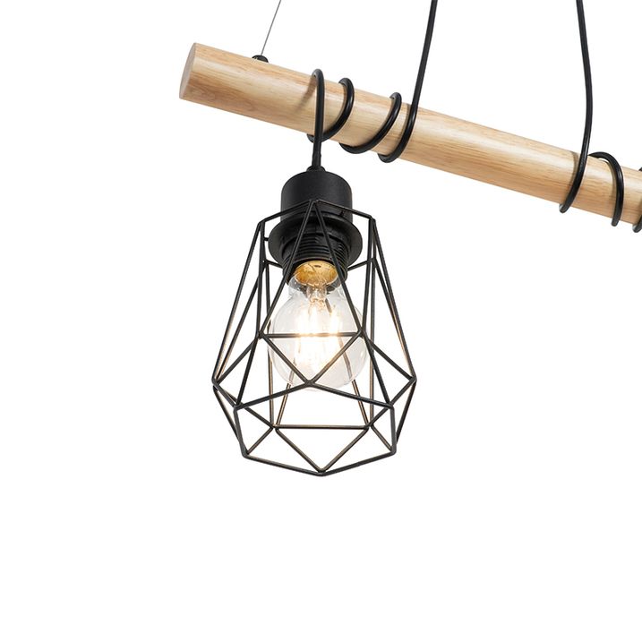 Landelijke hanglamp zwart met hout 3-lichts - Dami Frame