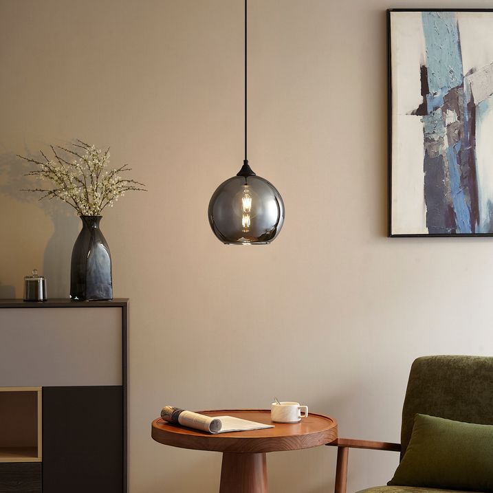 Candeeiro suspenso Art Deco preto com vidro fumado - Wallace