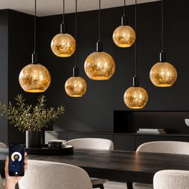 Smart Pendant Lamp Black with Gold Glass 7-Lights Incl. 7 Wifi A60 - Bert